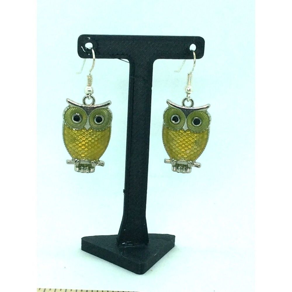 OWL Earrings Green Yellow Enamel Figural Silver tone Wire Dangle